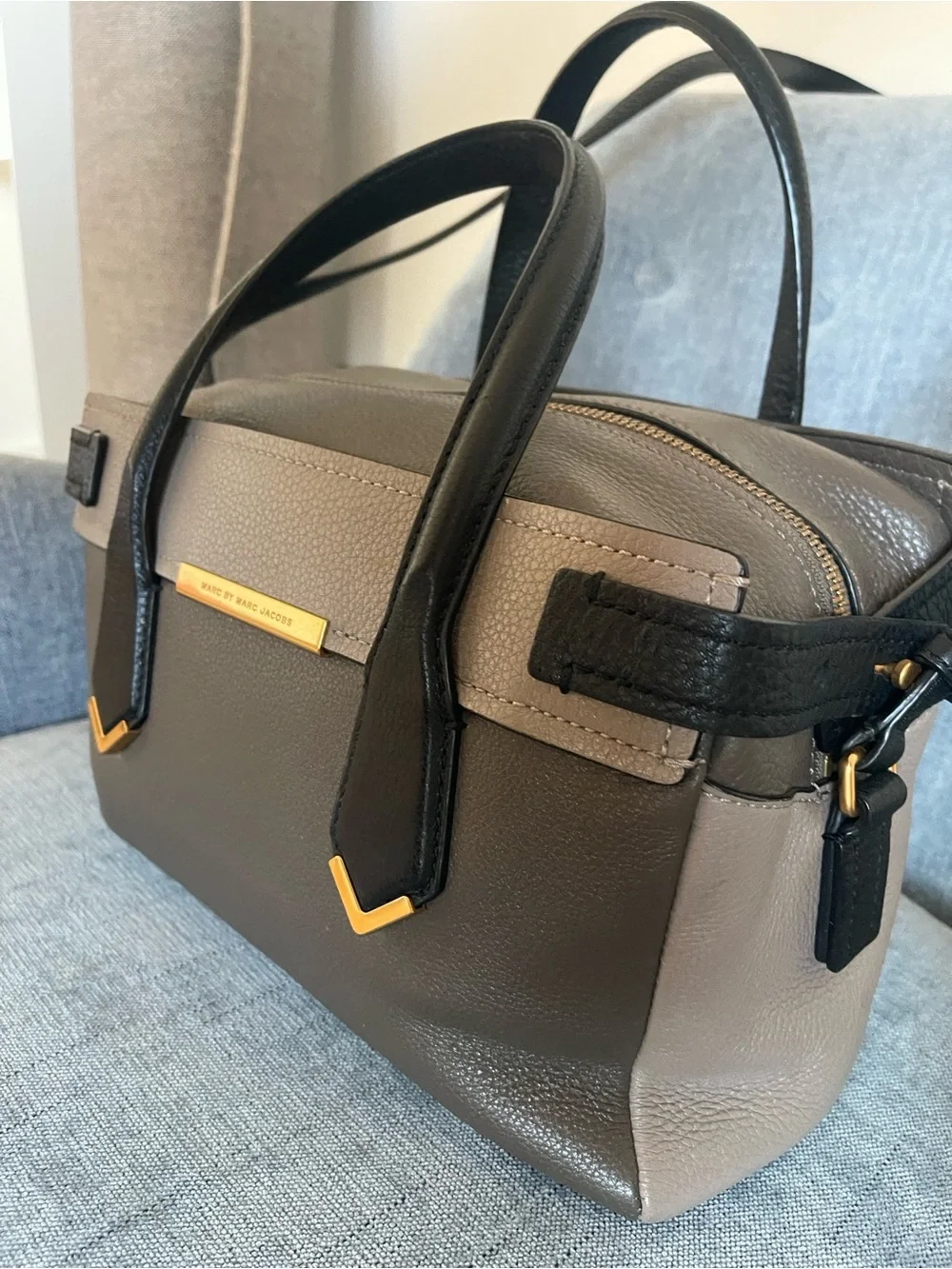 Marc Jacobs Taupe and Black Pebbled Leather Satchel with Gold Accents